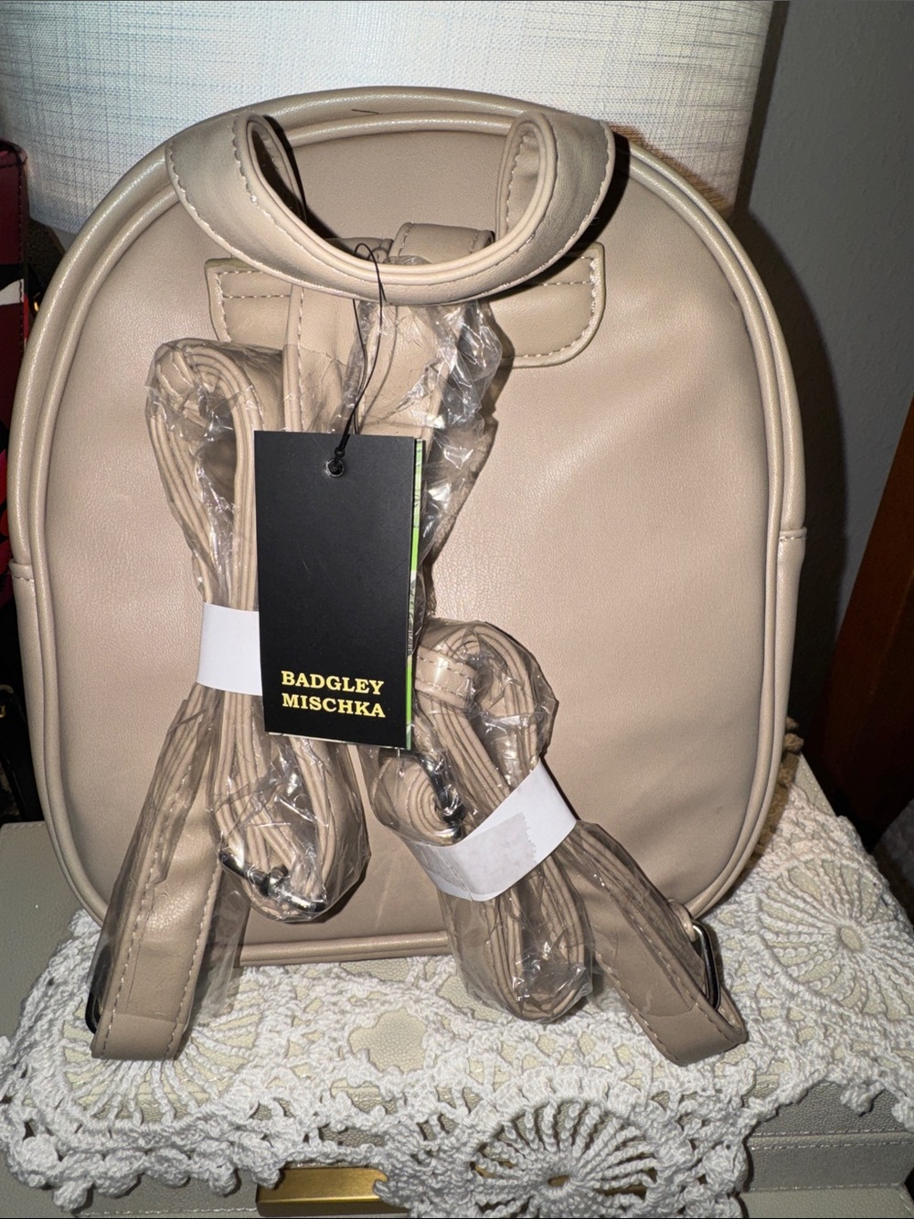 Badgley Mischka Quilted Mini Backpack in Beige with Silver Hardware NWT - Picture 2 of 5